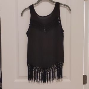 Sheer Black Tasseled Tank Top